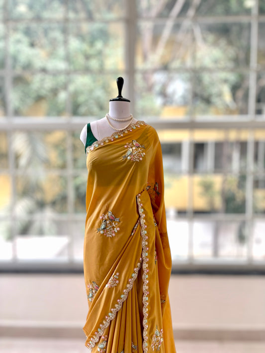 Yellow soft organza embellished saree
