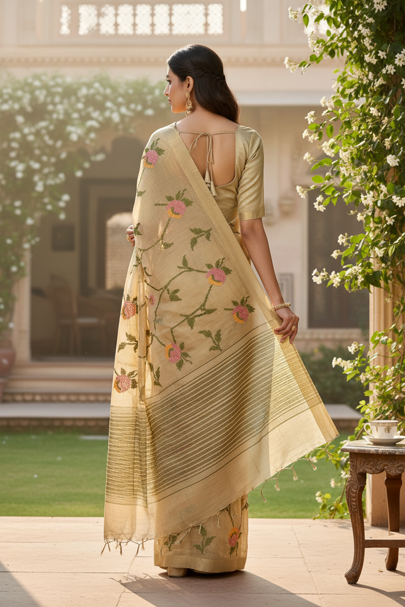 Golden resham work zari saree