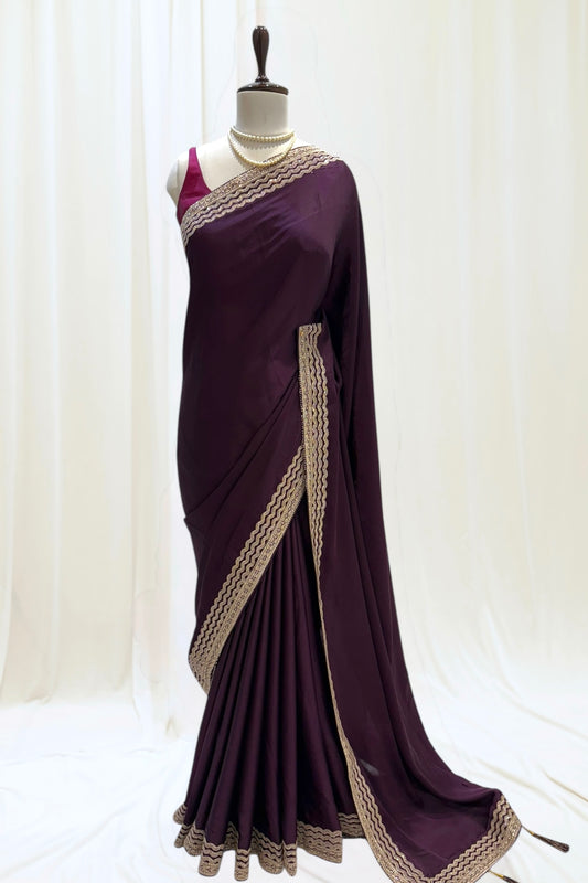 Plain minimalist satin saree - Purple
