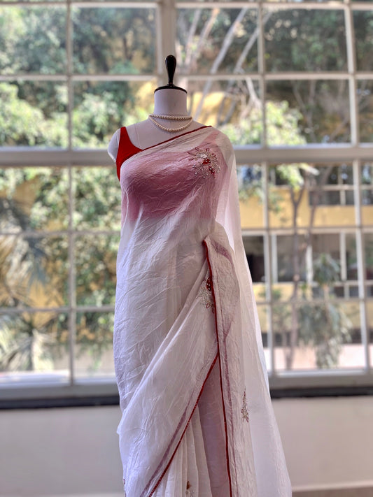White crushed organza embellished saree
