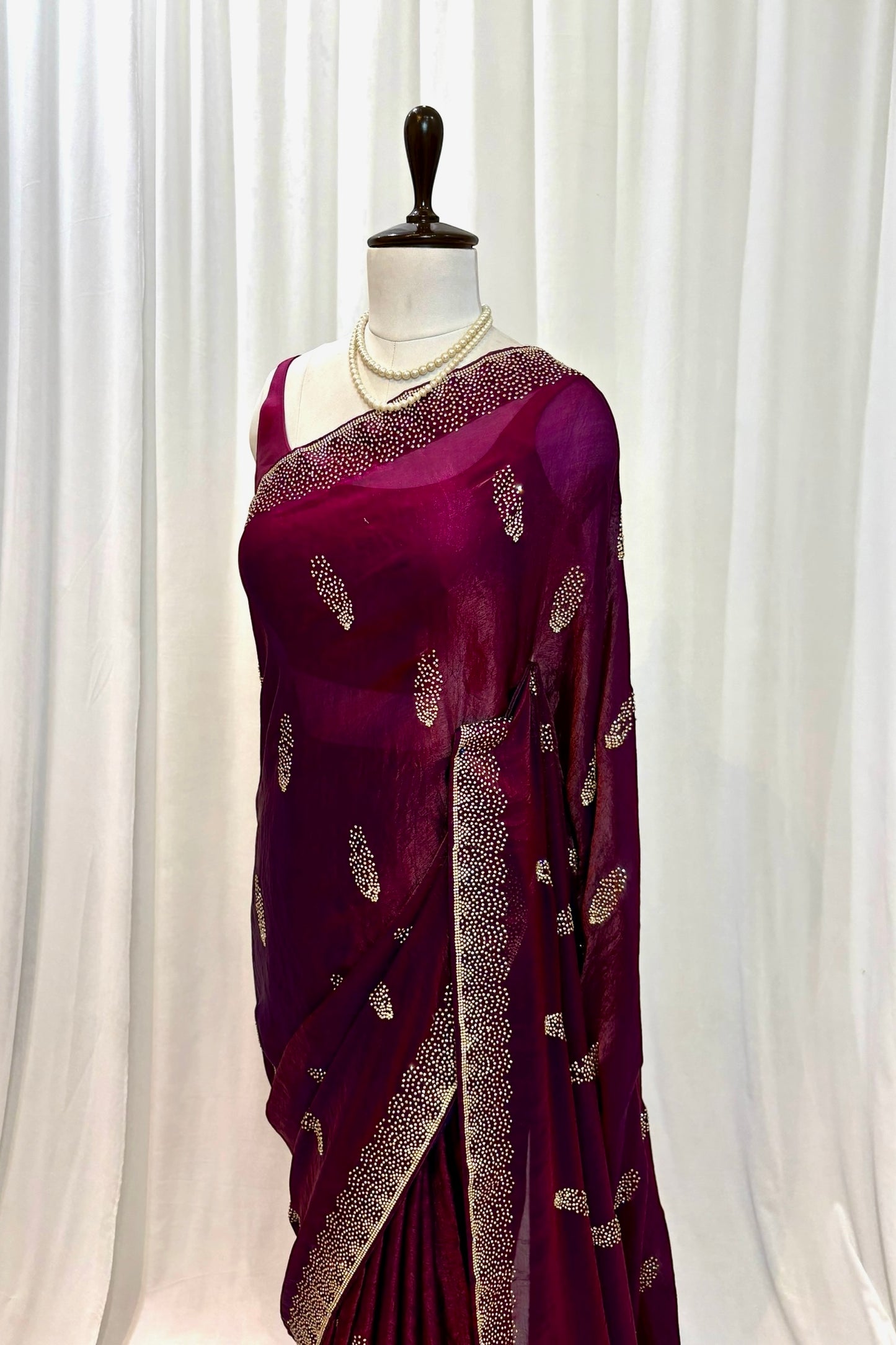 Wine swarovski fendy satin saree