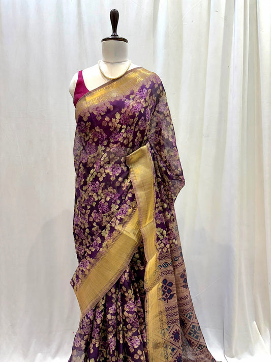 Floral cotton zari saree - Purple