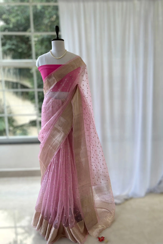 Zari organza saree - Baby pink