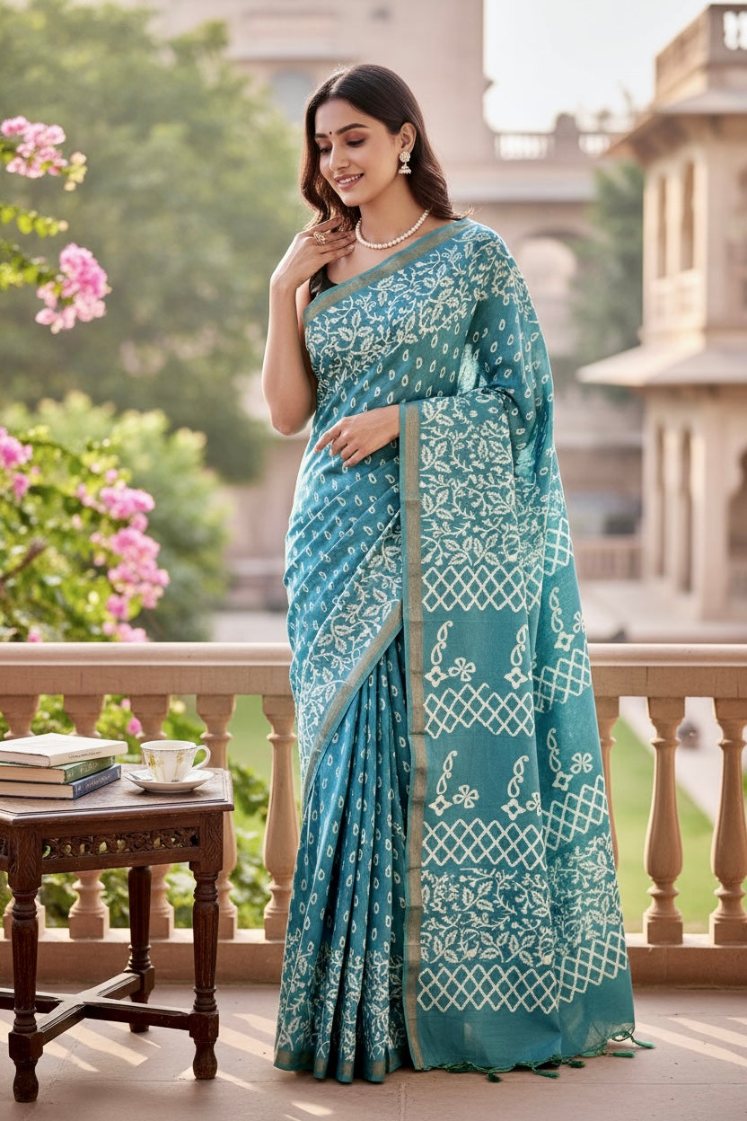Muslin cotton saree - Powder Blue