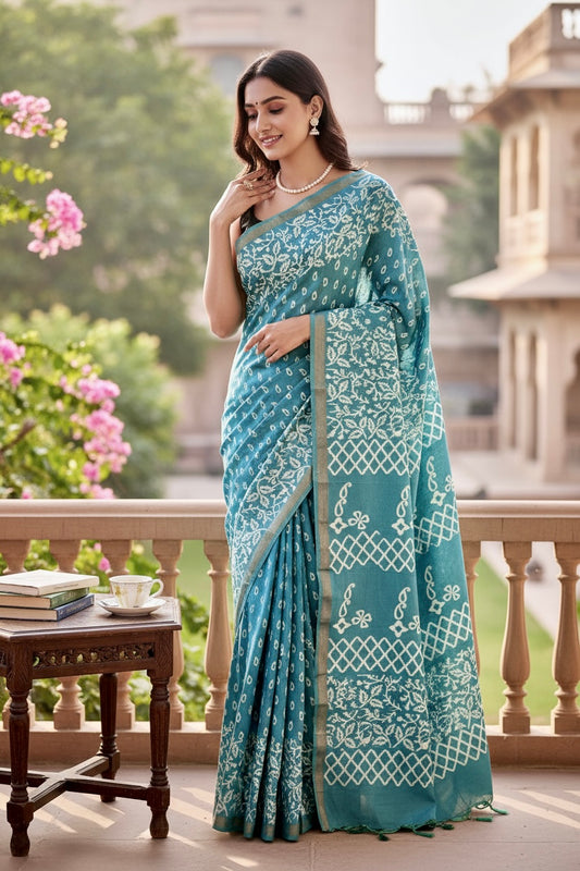 Muslin cotton saree - Powder Blue
