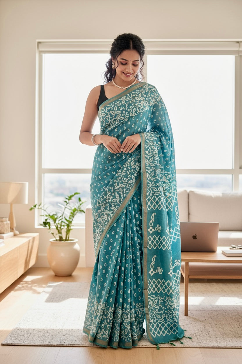 Muslin cotton saree - Powder Blue
