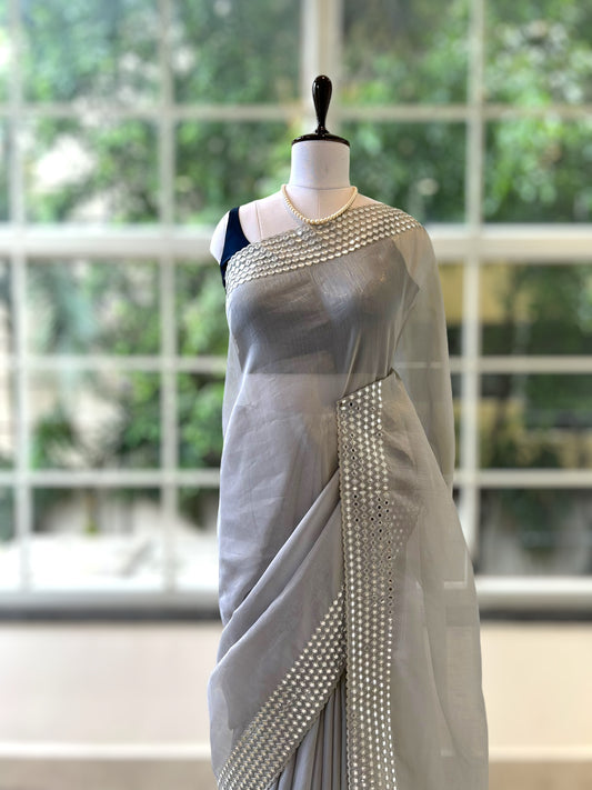 Grey mirror work organza saree