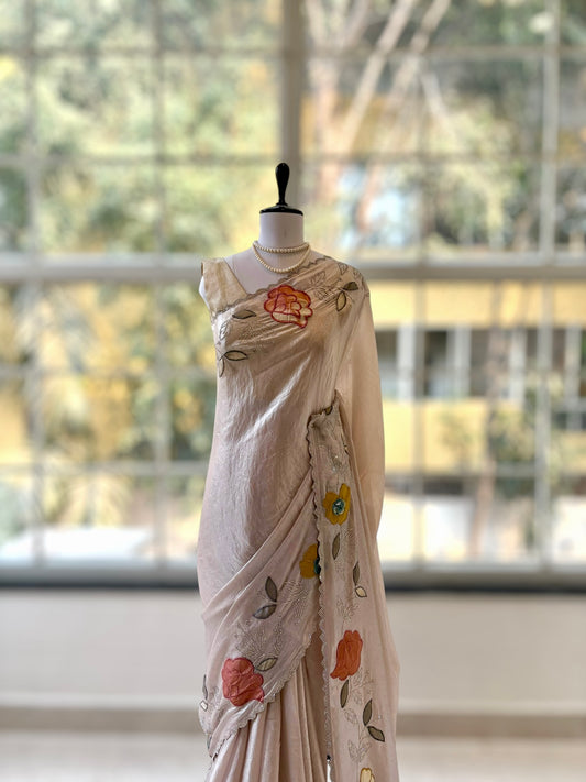 Fendy satin floral stone work saree - Nude