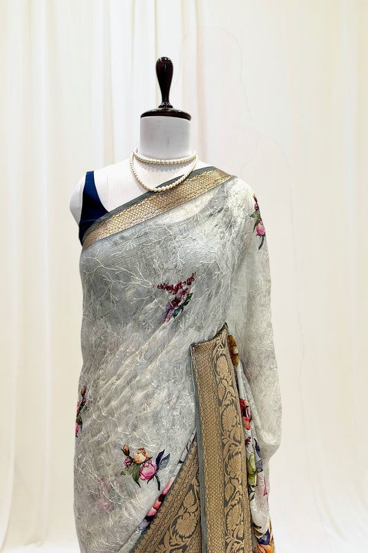 Printed zari chiffon saree