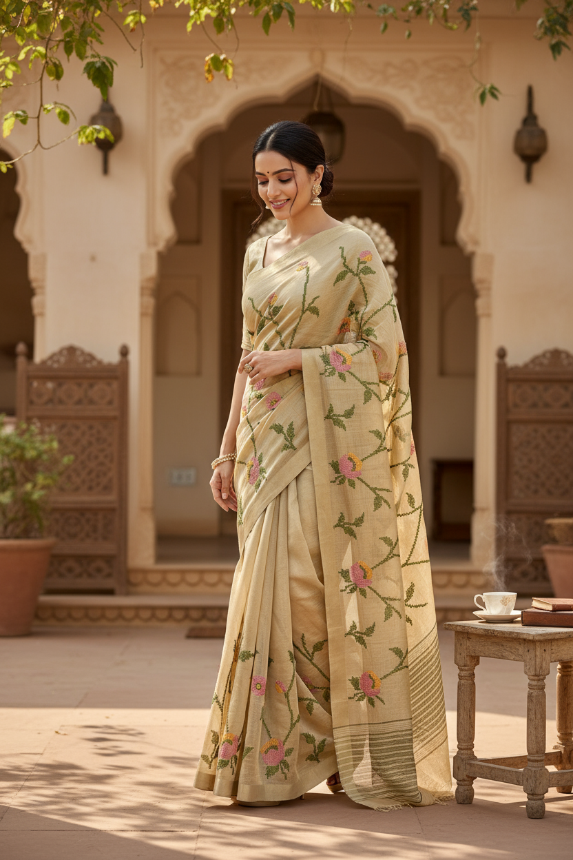 Golden resham work zari saree