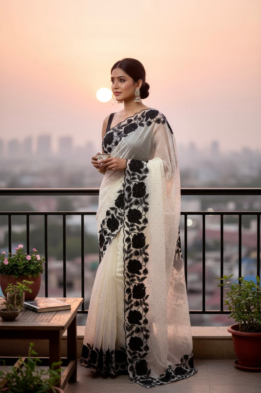 White organza floral saree