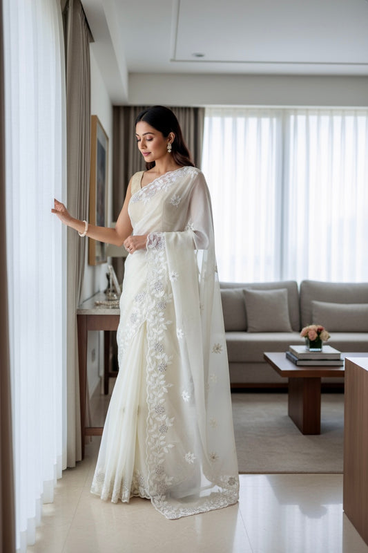 White threadwork embellished scallop saree