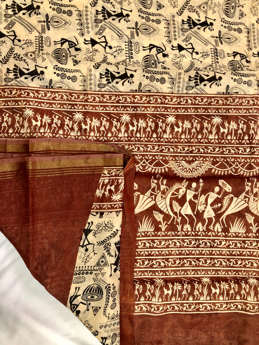 Embroidered Cotton Saree - Brown