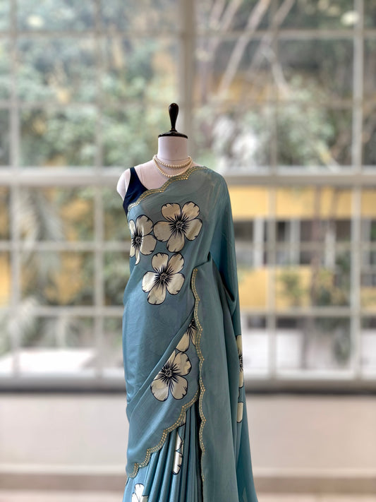 Floral print scallop saree - Aqua Blue