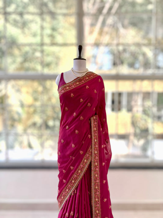 Embroidered satin saree - Fuchsia Pink