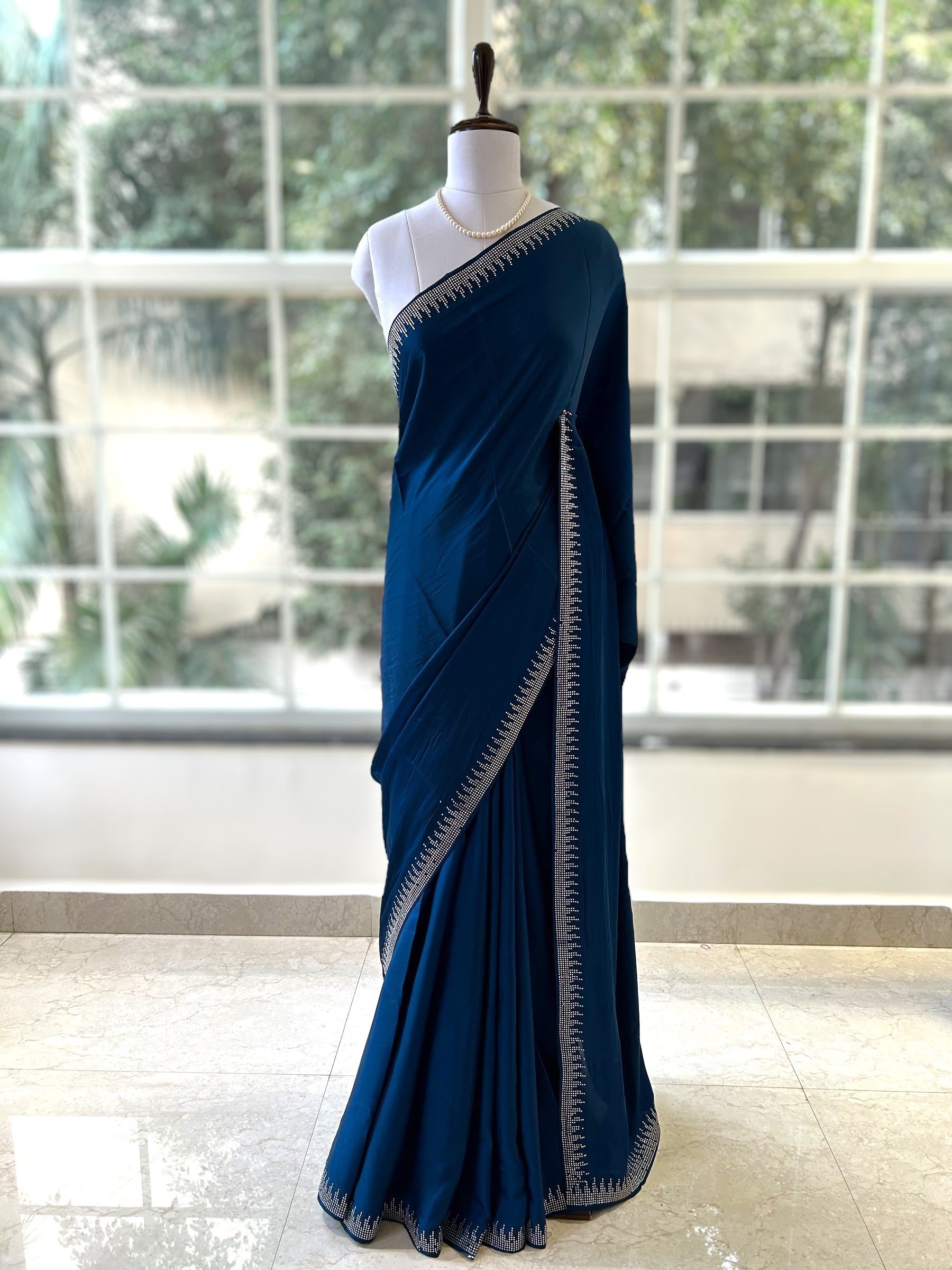 Women's Satin Silk Teal blue Embellished Designer Saree With Blouse Piece