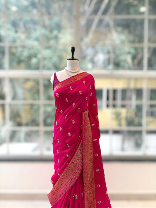Dola silk embroidered zari saree - Rani Pink