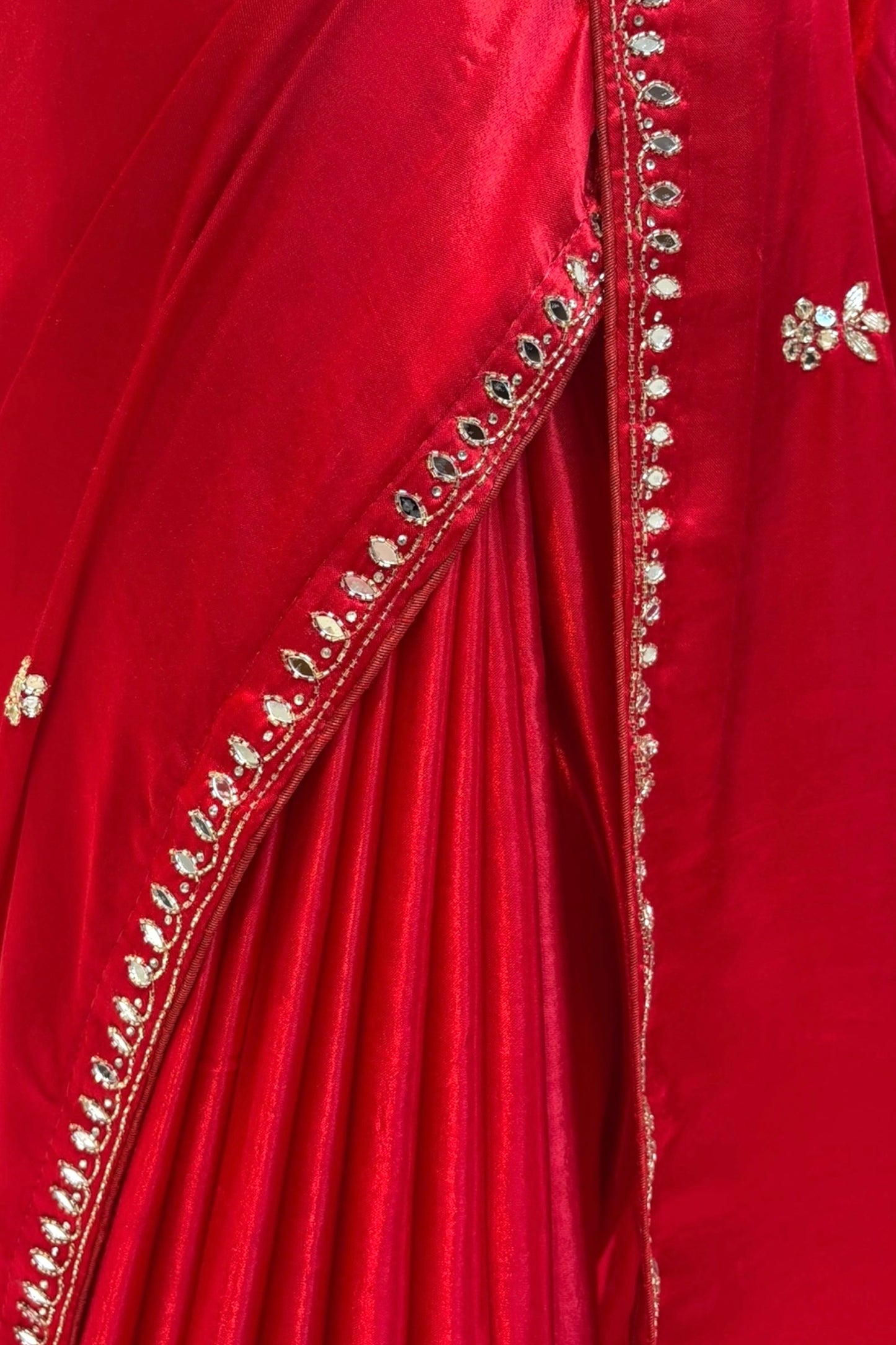 Modal satin mirror work saree - Red