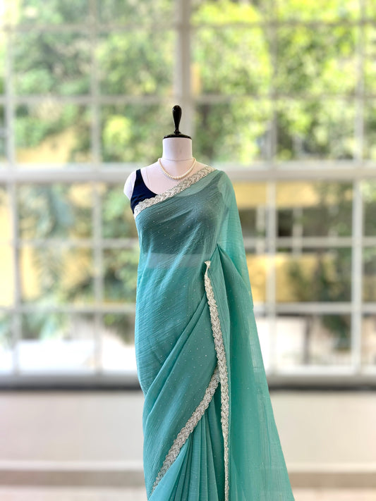 Marble chiffon embellished saree - Blue