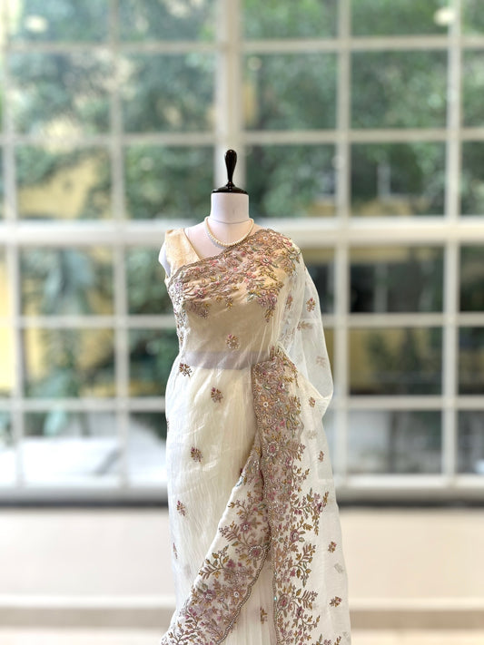 White organza embellished saree