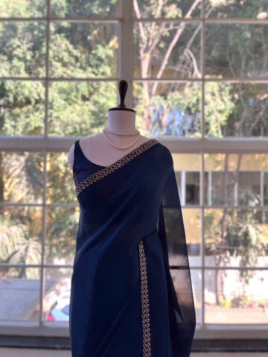 Swarovski embellished Marble Chiffon Saree - Navy Blue