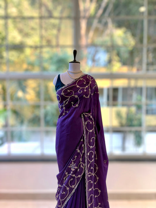Ho silk embellished saree - Violet