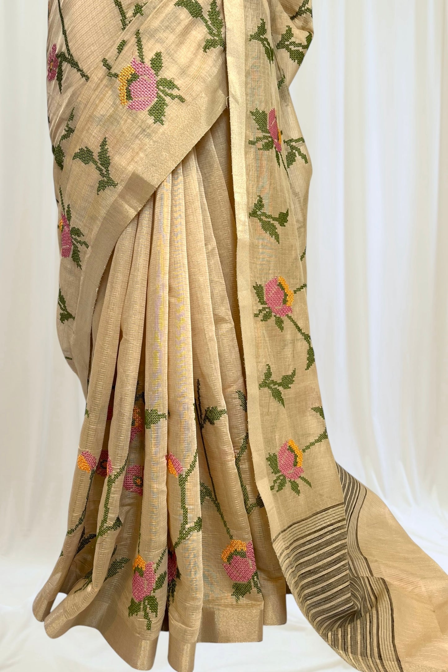 Golden resham work zari saree