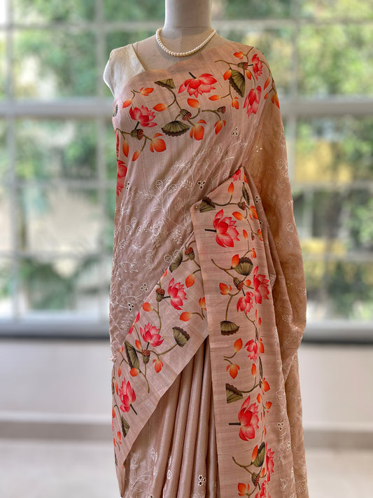 Floral tussar silk saree - Golden