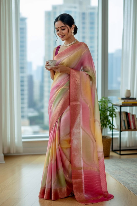 Multicolour Chiffon Threadwork Saree - Pink