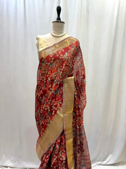 Floral cotton zari saree - Red