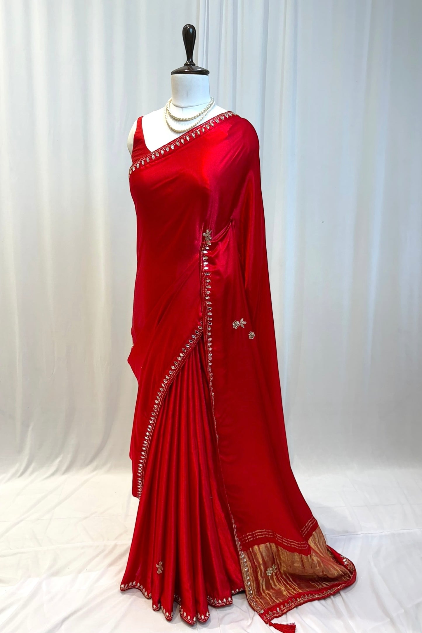 Modal satin mirror work saree - Red