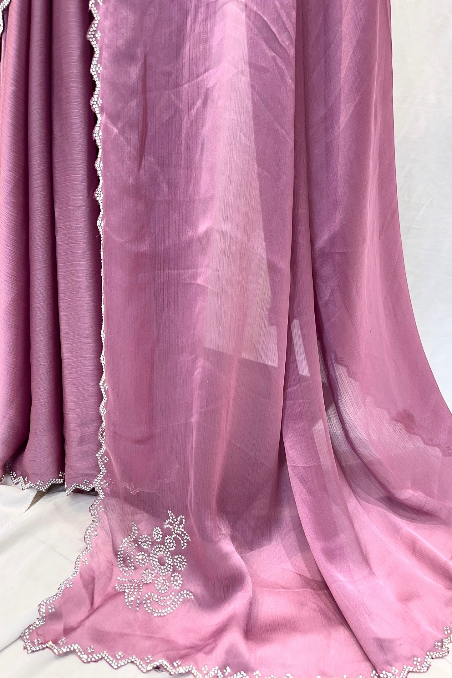 Pink swarovski embellished chiffon saree