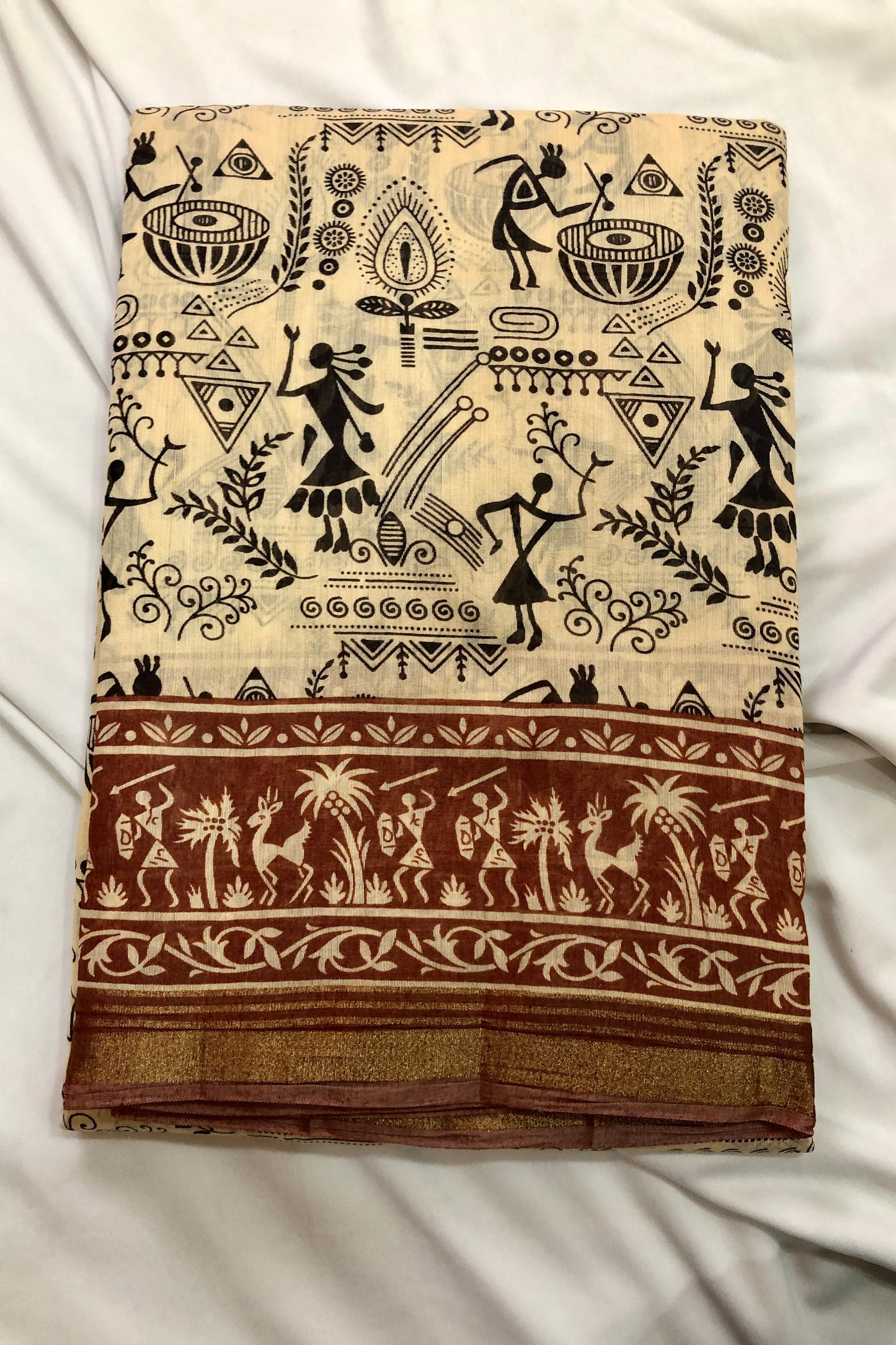 Embroidered Cotton Saree - Brown