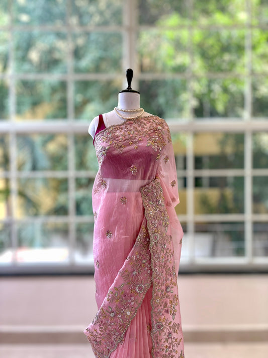 Pink Organza Embellished Saree