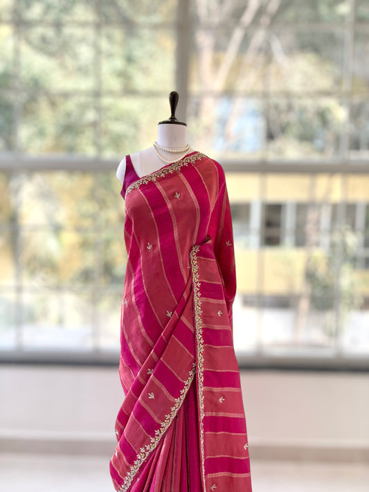 Fuchsia pink pure dola silk saree