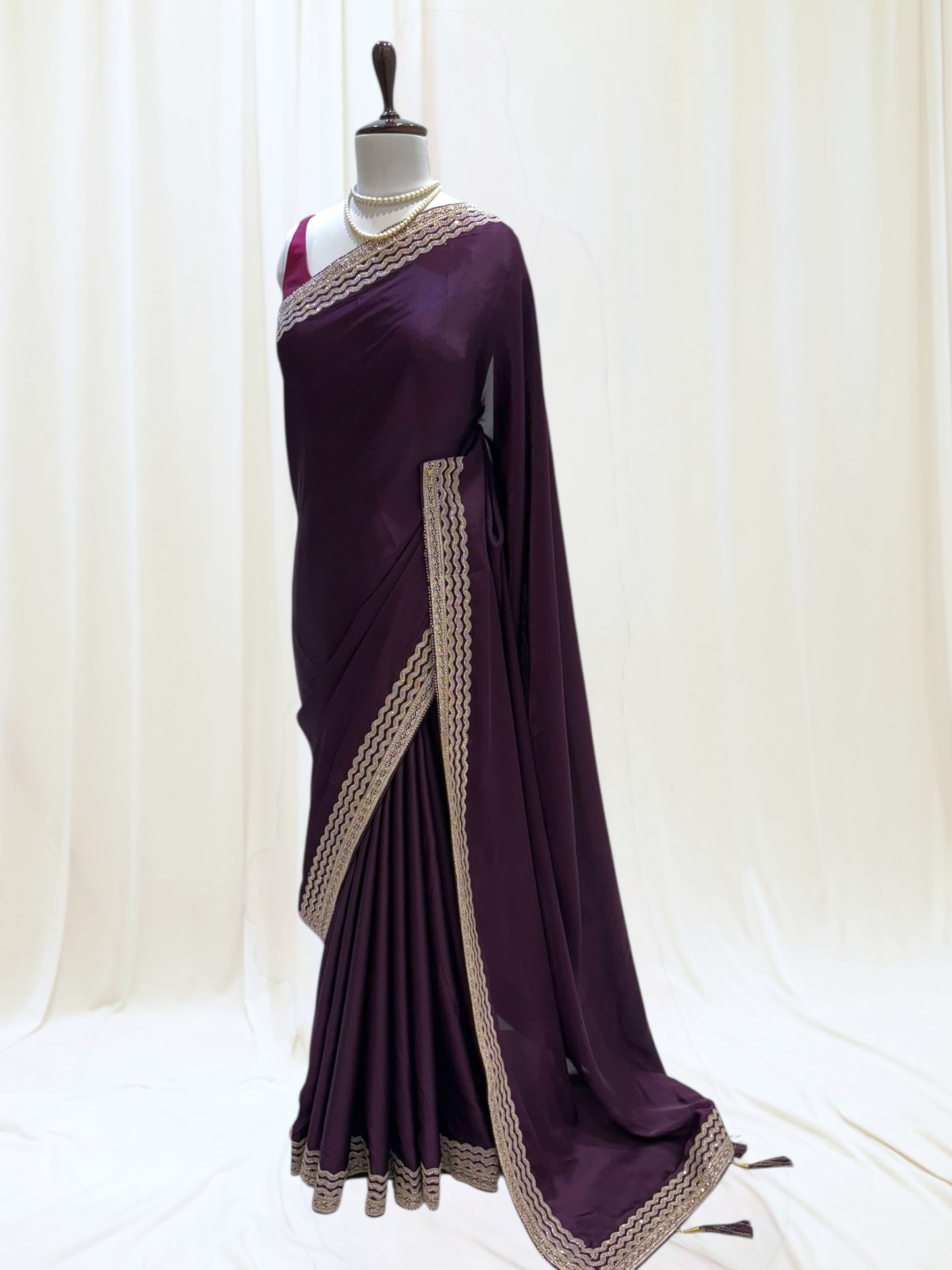 Plain minimalist satin saree - Purple