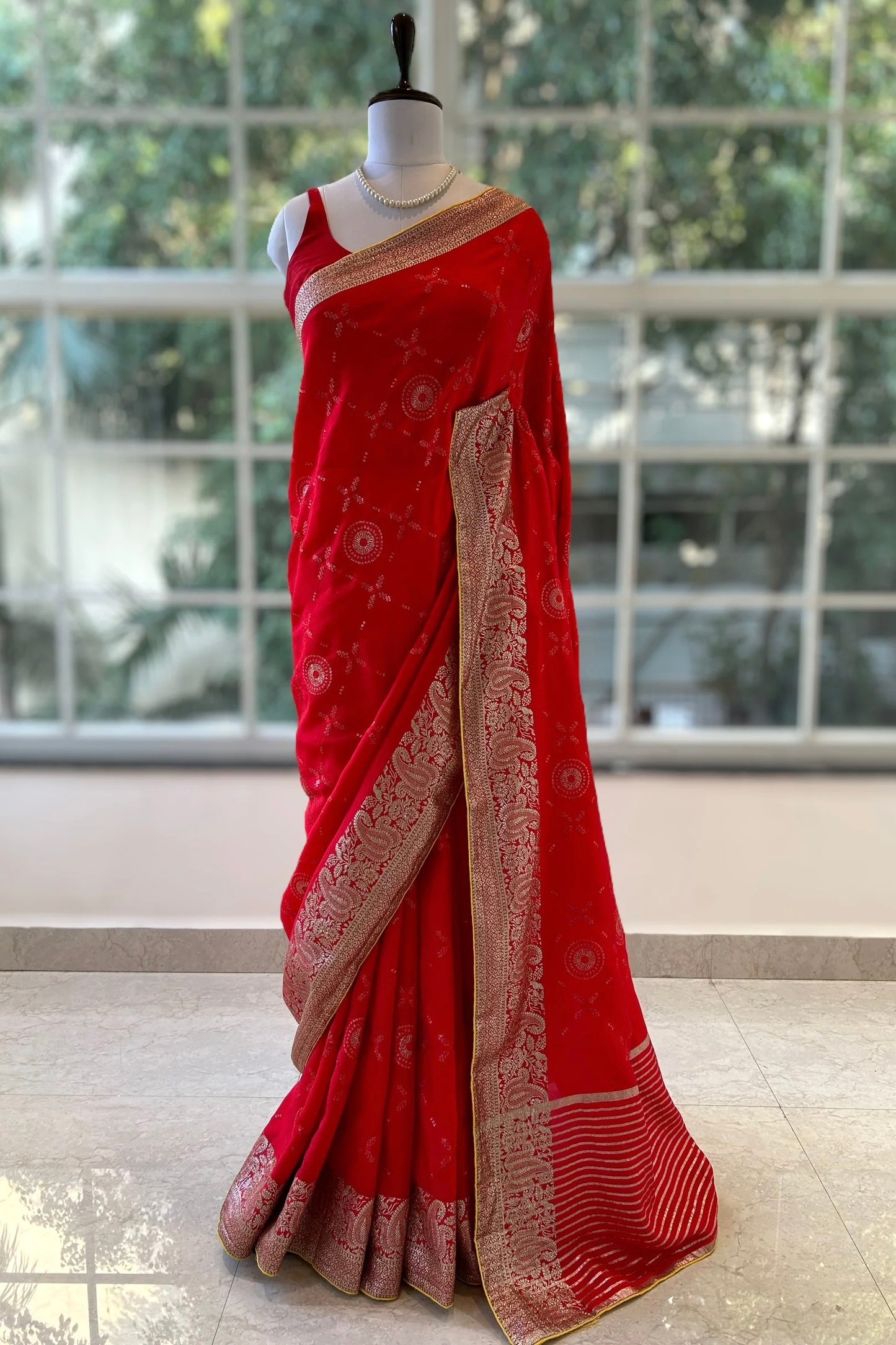 Red sequins zari saree