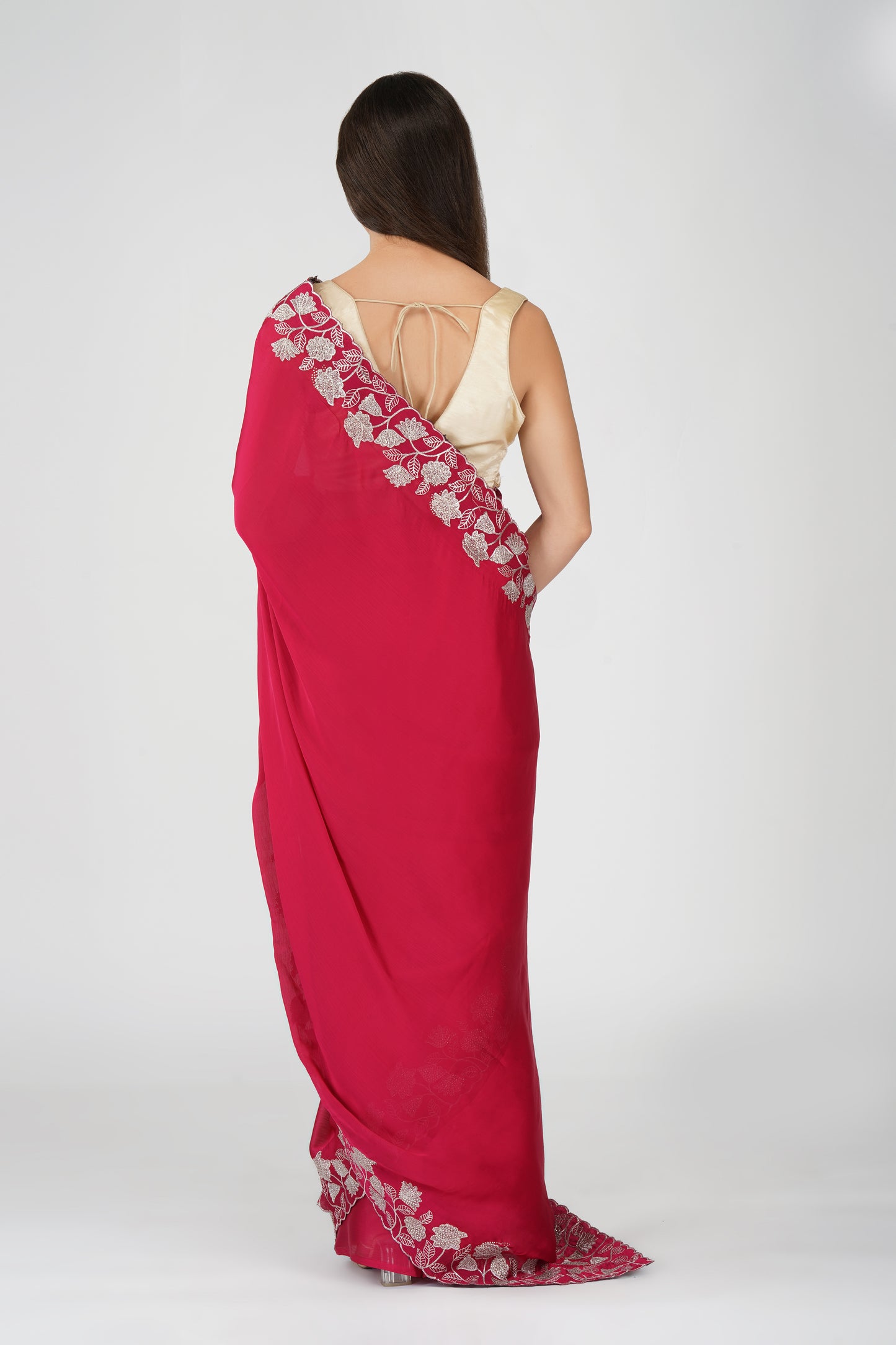 Pink floral embellished chiffon saree
