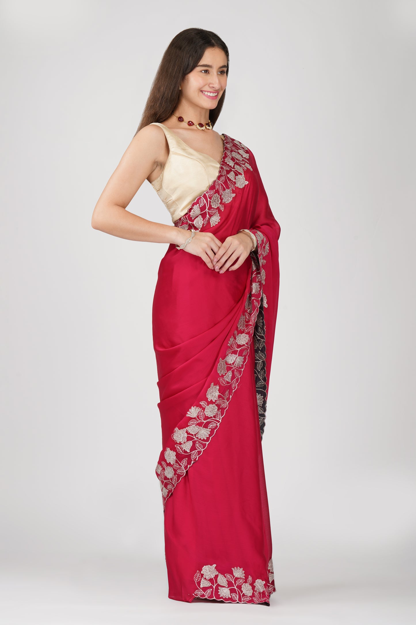 Pink floral embellished chiffon saree
