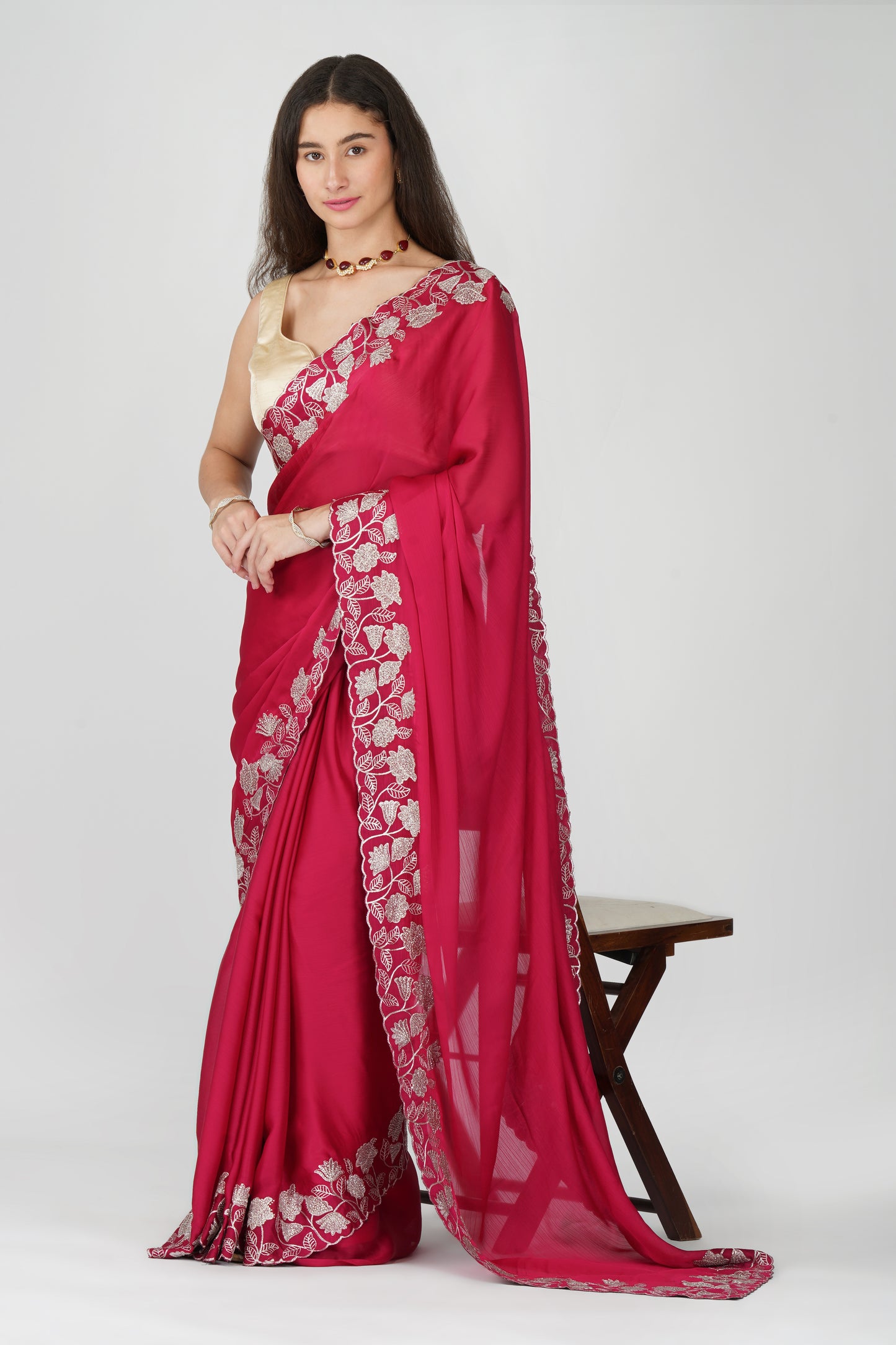 Pink floral embellished chiffon saree
