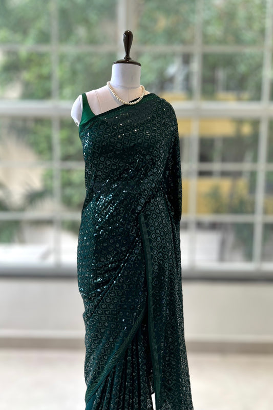 Bottle green georgette sequins saree