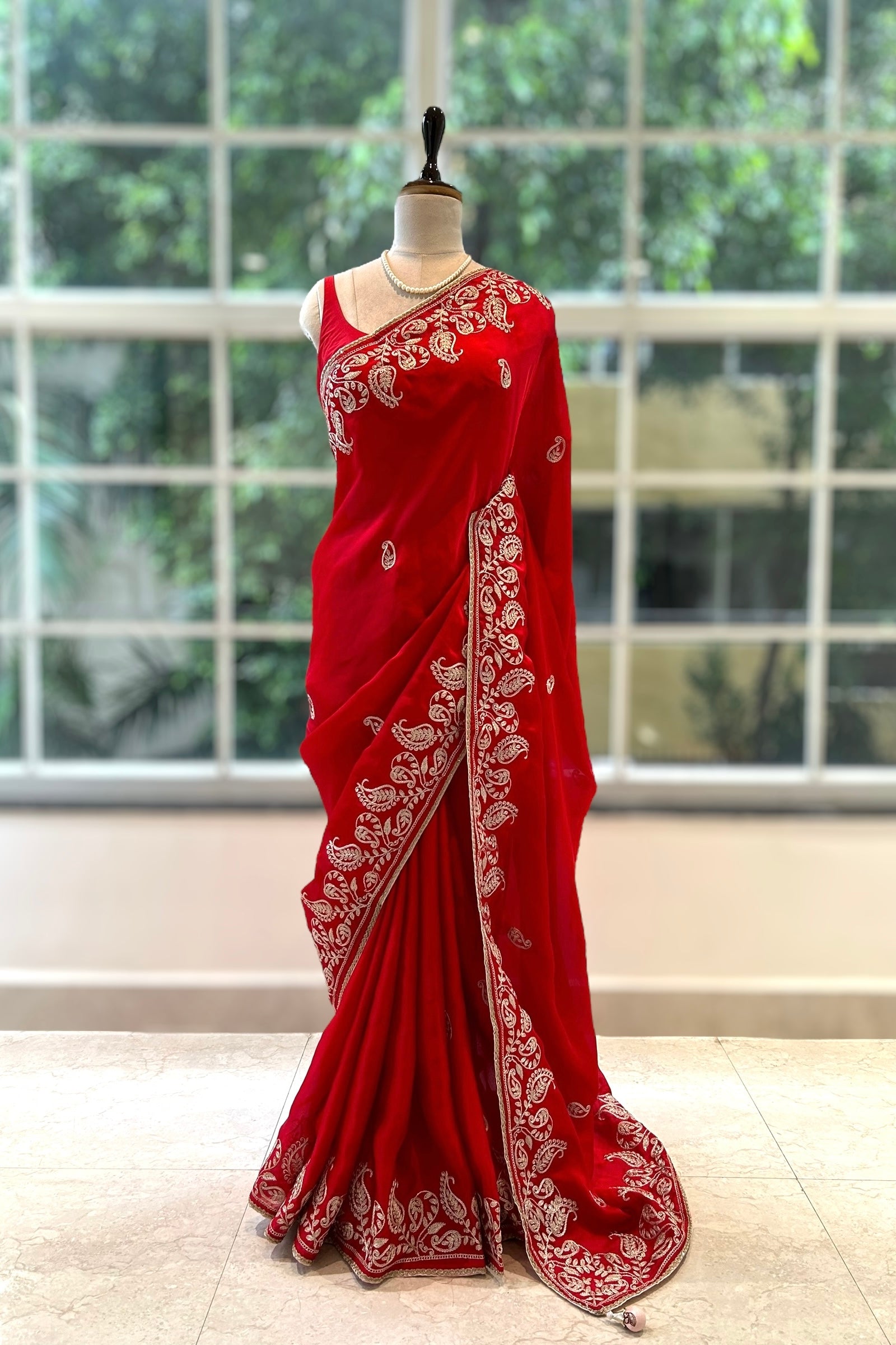 Aariwork satin chiffon saree - Red D tales Aariwork satin chiffon saree - Red D tales