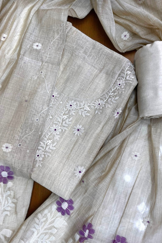Pure linen embroidered unstitched suit set - Purple