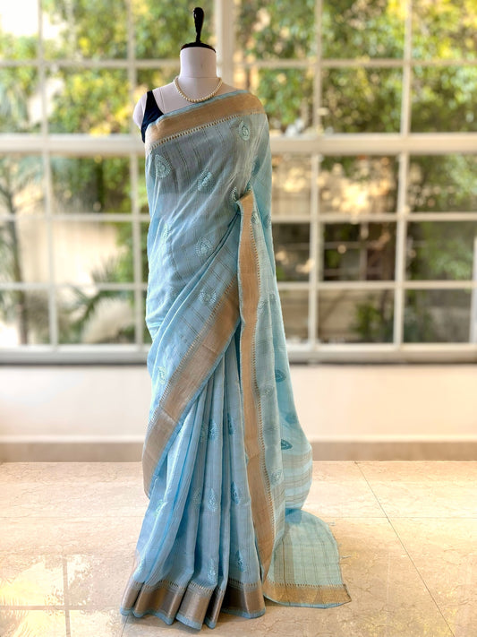 Soft embroidered zari cotton saree - Powder Blue