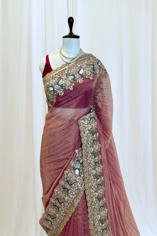 Tissue embellished saree - Rose gold