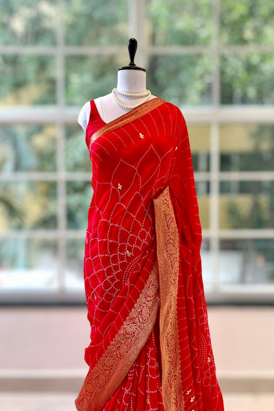 Gottapati zari bandhani saree - Red