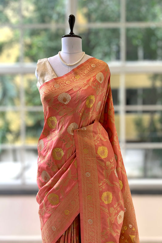 Peach silver golden soft silk saree
