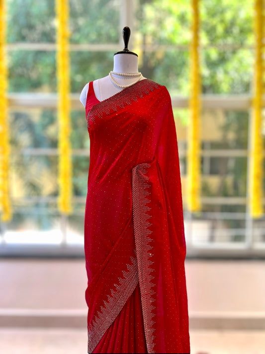 Red shimmer organza embellished saree