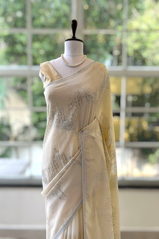 Off white sequins threadwork georgette saree