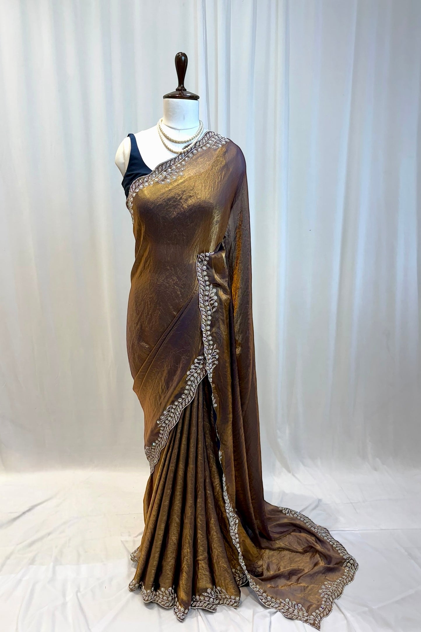 Golden fendy pearl embellished saree